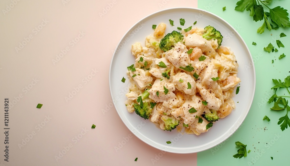 Chicken broccoli casserole for simple dinner on white plate Chicken broccoli casserole for simple dinner on white plate