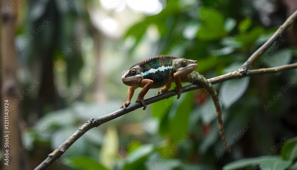 Stunning Chameleon on Branch in Lush Green Forest Stunning Chameleon on Branch in Lush Green Forest