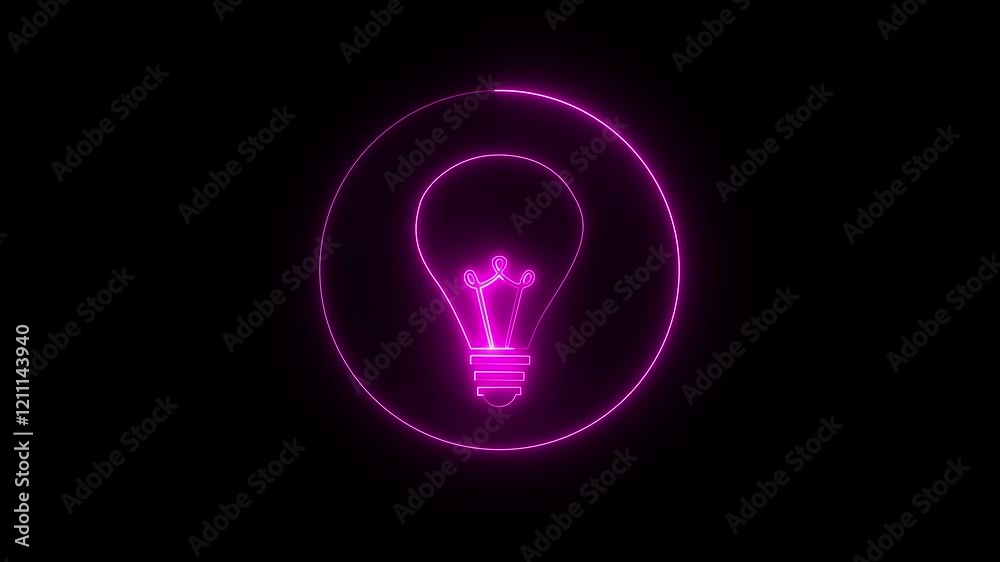 Glowing neon lightning bulb icon animation. Switching on, Warm light over dark black background. Abstract symbol icon of electric led bulb 4k video	