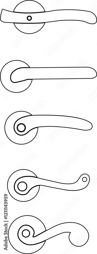 Fototapeta premium Door handles icon set. Locks handles on the door in the house, hotel. Black line vector collection isolated on transparent background. Metal items interior symbols doorknob realistic.