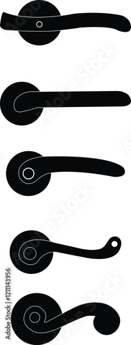Door handles icon set. Locks handles on the door in the house, hotel. Black flat vector collection isolated on transparent background. Metal items interior symbols doorknob realistic.
