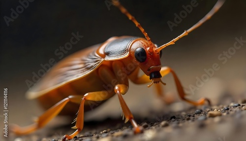 Stunning Closeup of a Red Beetle on Dark Ground photo