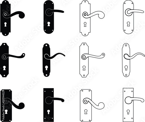 Door handles icon set. Locks handles on the door in the house, hotel. Black flat and line vector collection isolated on transparent background. Metal items interior symbols doorknob realistic.