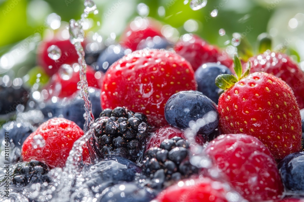 Fresh mixed berries look refreshing on water surface and splashing , Generative AI Fresh mixed berries look refreshing on water surface and splashing , Generative AI