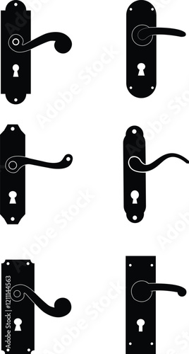 Door handles icon set. Locks handles on the door in the house, hotel. Black flat vector collection isolated on transparent background. Metal items interior symbols doorknob realistic.