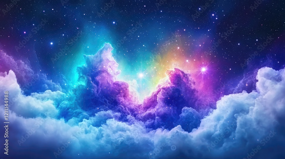 Fototapeta premium Colorful nebula above clouds, cosmic landscape, night sky, fantasy art, for websites