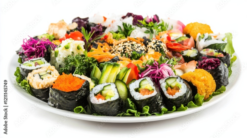 A plate of colorful vegetable sushi rolls with avocado, cucumber, carrot A plate of colorful vegetable sushi rolls with avocado, cucumber, carrot
