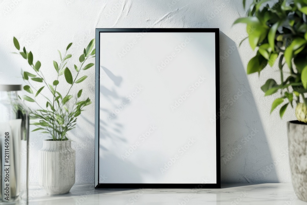 Minimalist Frame with Empty Space and Green Plants for Art Display