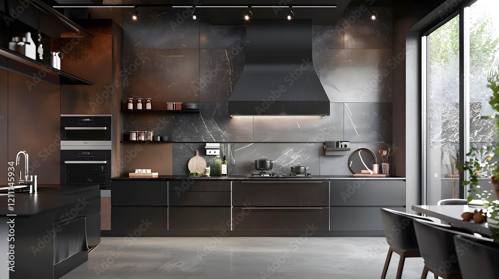 Modern Kitchen with Black Cabinetry and Marble Backsplash Modern Kitchen with Black Cabinetry and Marble Backsplash