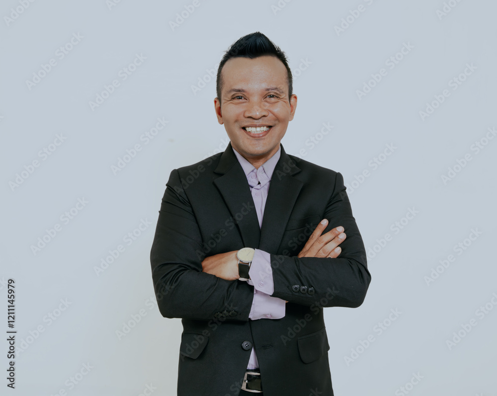 Handsome and successful. Handsome asian young man keeping arms crossed and looking at camera with smile standing against on white background. Handsome and successful. Handsome asian young man keeping arms crossed and looking at camera with smile standing against on white background.