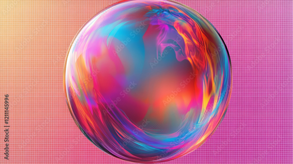 Obraz premium iridescent sphere digital art with colorful gradient on gridded background in vibrant psychedelic style featuring abstract and swirling design elements for modern visual appeal