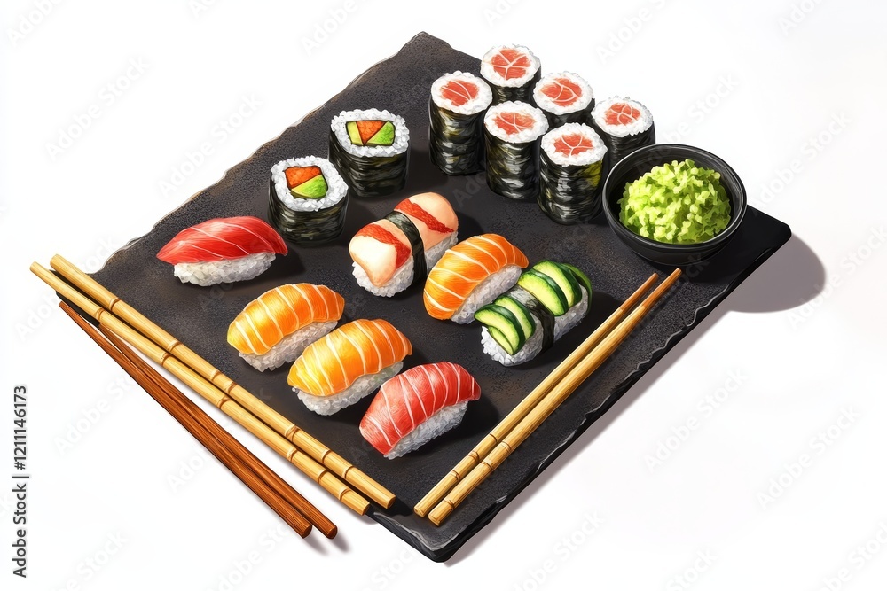 Assorted sushi platter with chopsticks and wasabi. Assorted sushi platter with chopsticks and wasabi.