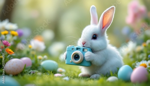 Adorable Easter Bunny Photographer with Camera photo