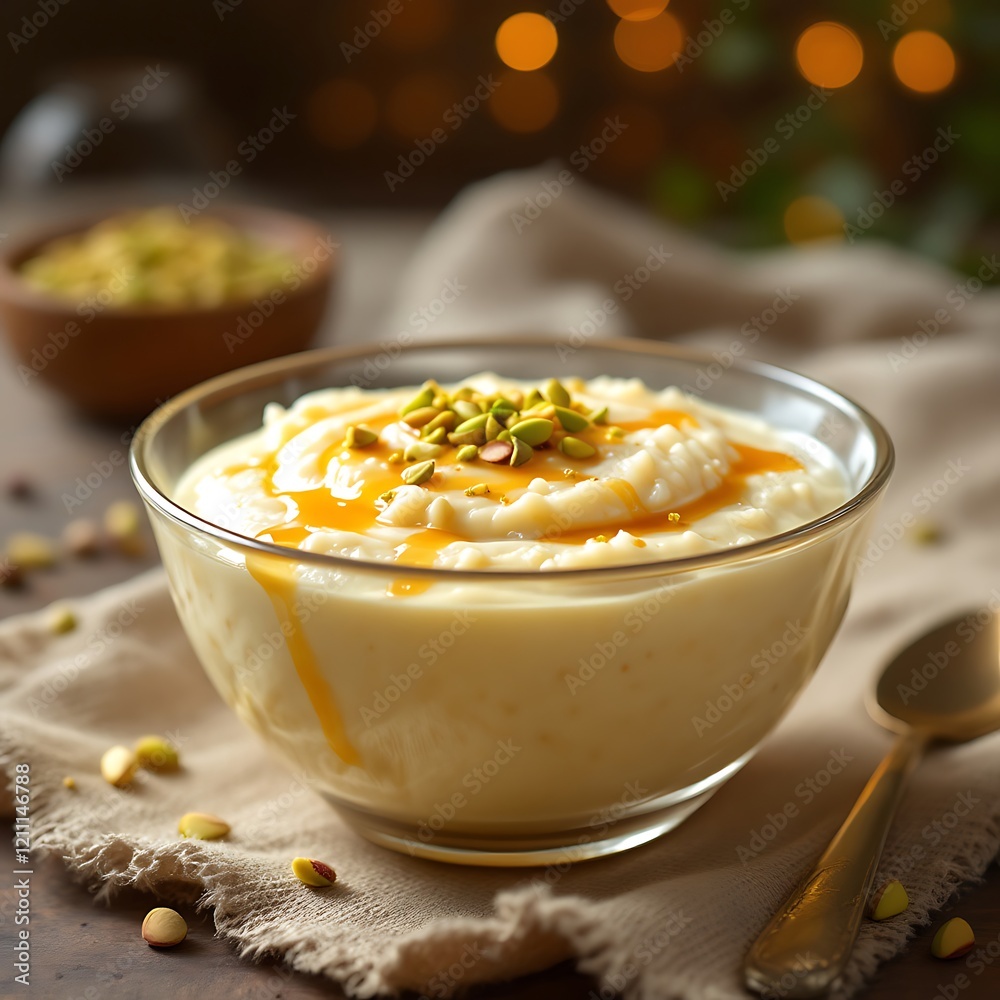 Creamy Rice Pudding: Pistachios, Honey Drizzle, Warm Ambiance Creamy Rice Pudding: Pistachios, Honey Drizzle, Warm Ambiance