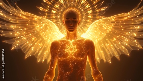 a spiritual man with wings shining with light and a splendor behind his head