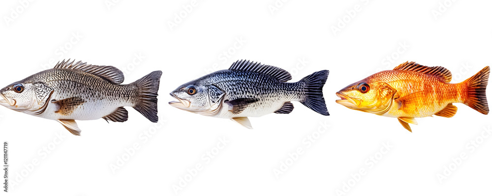 Fototapeta premium Three types of fish in various colors swimming isolated on a transparent background.