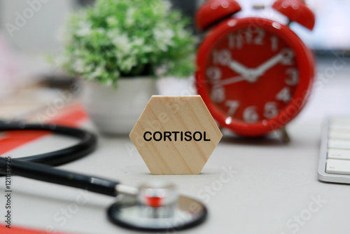 Doctor holds wooden block  with text CORTISOL photo