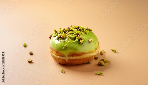 Mini Pistachio Donut with Glaze Toping on Cream Background Isolated
