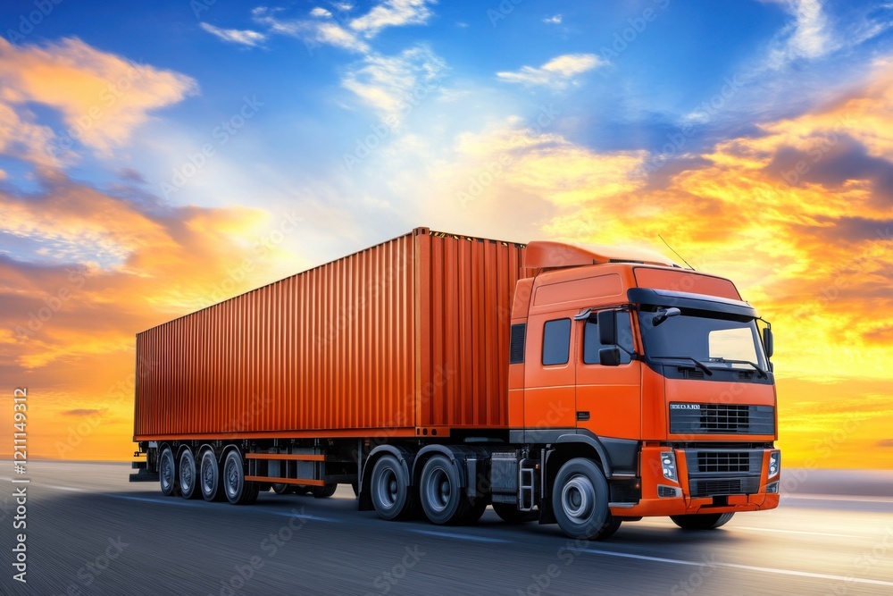 An Impressive Orange Truck with Container Driving on a Highway Under a Stunning Sunset Sky with Colorful Clouds, Symbolizing Logistics and Transportation in Motion An Impressive Orange Truck with Container Driving on a Highway Under a Stunning Sunset Sky with Colorful Clouds, Symbolizing Logistics and Transportation in Motion