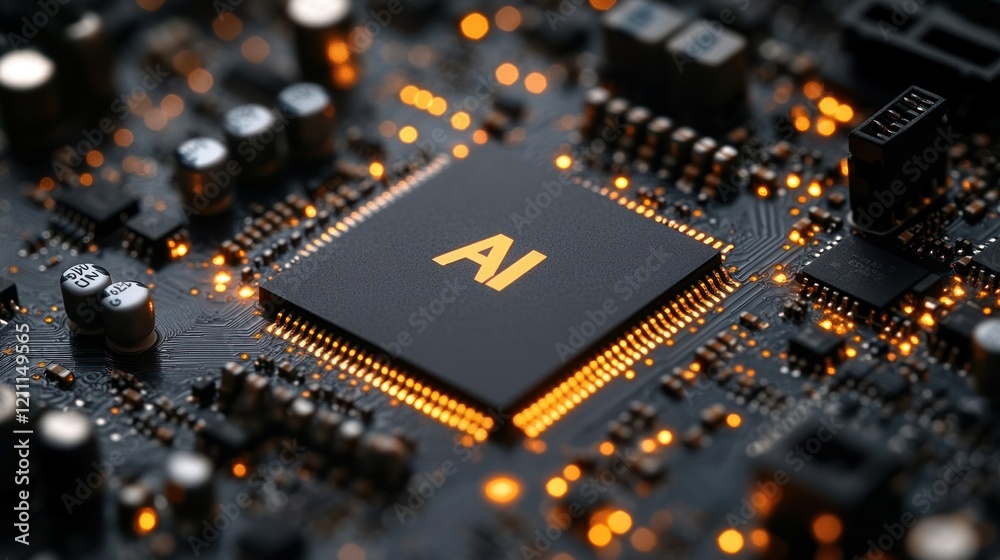 Obraz premium Close-up of a black circuit board featuring an AI chip with glowing elements, showcasing technology's advancement