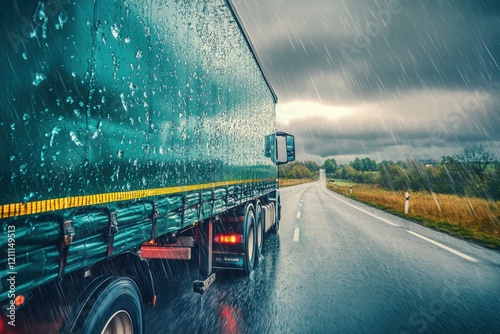 A Green Truck Driving on a Rainy Road under Dark Stormy Clouds in a Landscape with Trees and Puddles, Capturing the Essence of Transportation in Adverse Weather Conditions