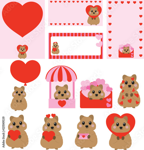 Valentine quokka, romantic quokka illustration, cute marsupial art, quokka with hearts, love-themed quokka, adorable quokka graphic, quokka holding heart, heart balloon quokka