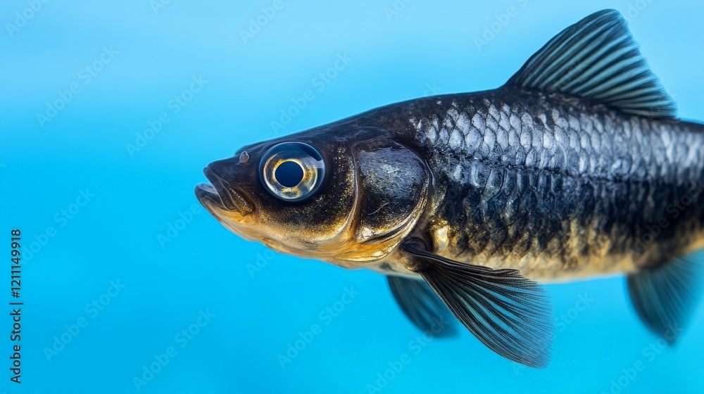 Fototapeta premium Black Goldfish Close-Up: A captivating close-up of a black goldfish with striking black scales and a piercing gaze, swimming effortlessly against a vibrant blue background.