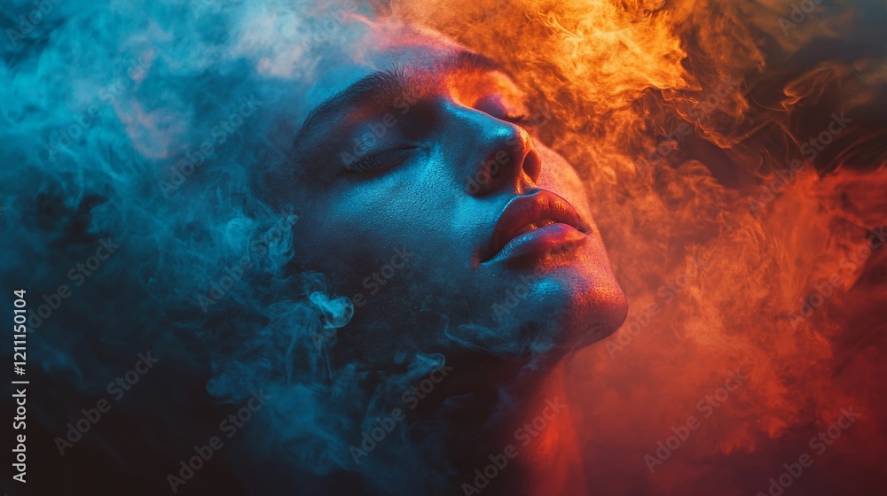 Close up of a person with eyes closed surrounded by abstract smoke in blue and orange lighting. Close up of a person with eyes closed surrounded by abstract smoke in blue and orange lighting.