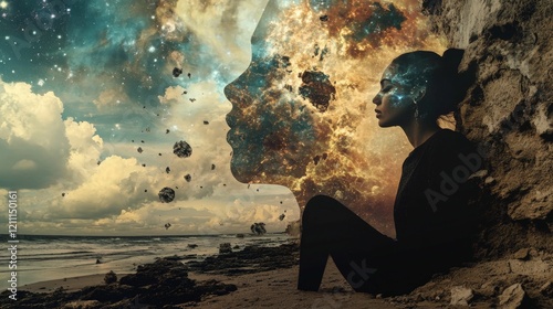 Abstract illustration of woman with a cosmic profile, depicting spirituality, inner peace, and personal growth.