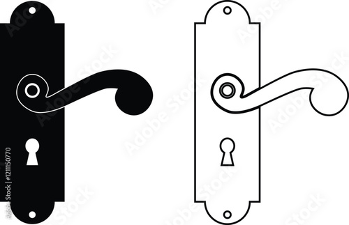 Door handles icon set. Locks handles on the door in the house, hotel. Black flat and line vector collection isolated on transparent background. Metal items interior symbols doorknob realistic.