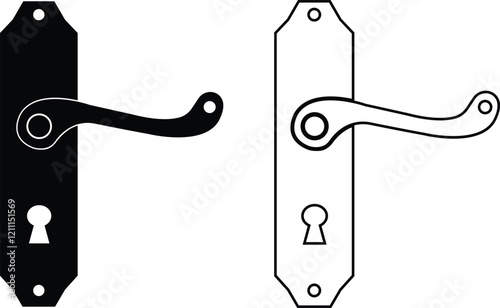 Door handles icon set. Locks handles on the door in the house, hotel. Black flat and line vector collection isolated on transparent background. Metal items interior symbols doorknob realistic.