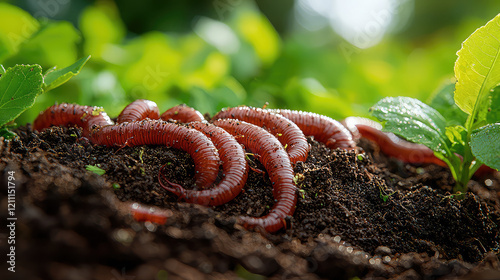 Close-up of several red worms in dark soil amongst green plants.