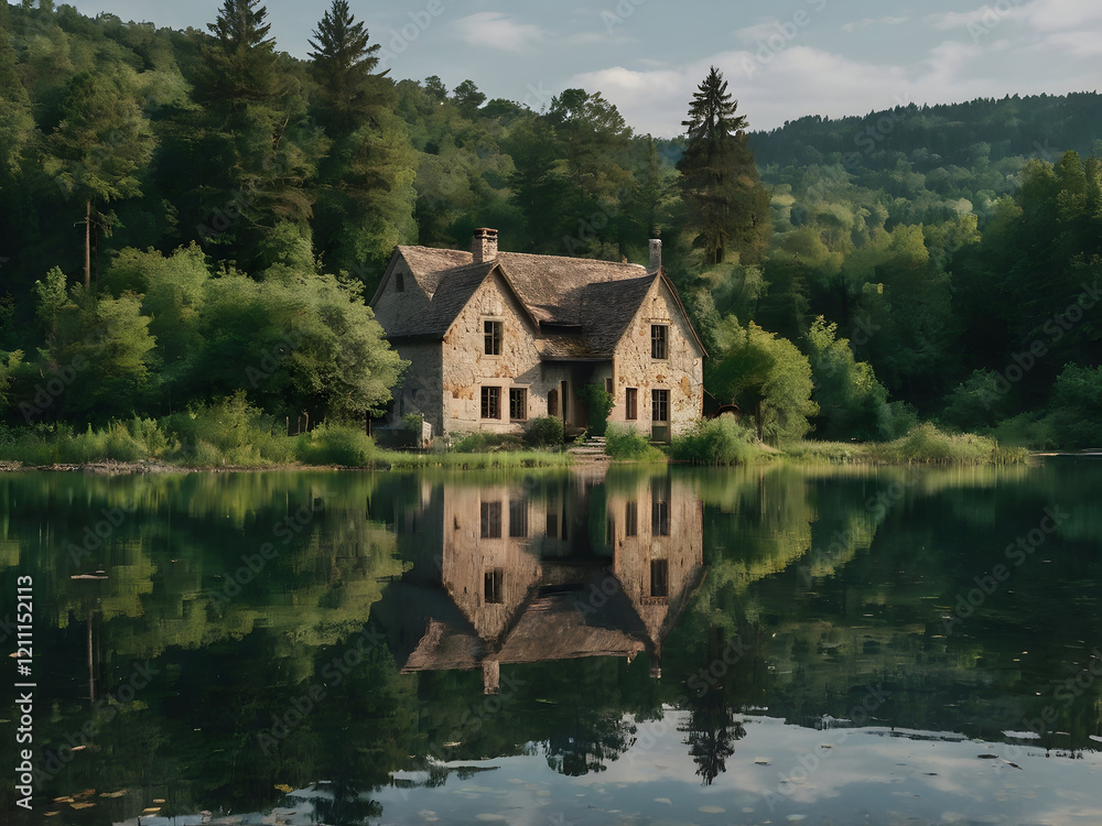 Obraz premium Rustic Stone Farmhouse by the Lake: A rustic stone farmhouse by a calm lake, reflecting the house in the water, surrounded by lush greenery and tall trees. 