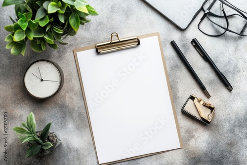 Minimalist Workspace with Clipboard, Clock, and Office Supplies photo