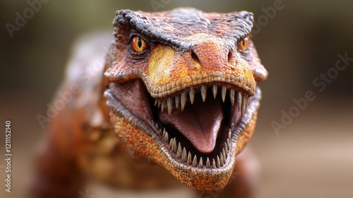 Raptor's Gaze: A close-up view of a fearsome dinosaur, its sharp teeth and piercing gaze revealing a primal intensity. The prehistoric creature's head is thrust forward. photo