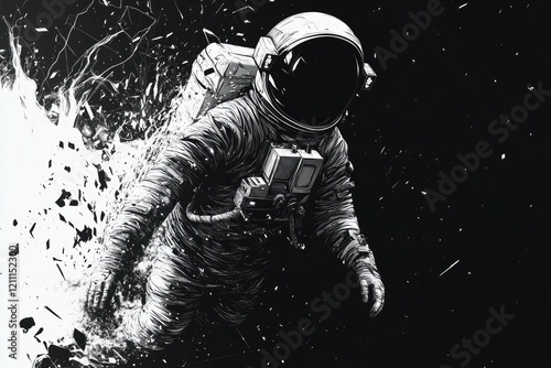 Astronaut drifting in space amidst shattered debris