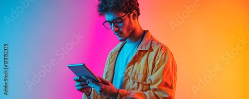 Young man in glasses, isolated on a gradient neon-lit background, using a tablet in a scene that blends technology with vibrant youth culture.
