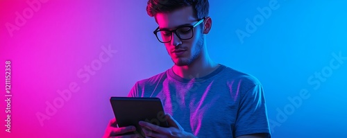 Young man in glasses, isolated on a gradient neon-lit background, using a tablet in a scene that blends technology with vibrant youth culture.