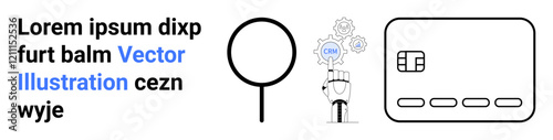 Robot hand holding gear with CDN text, magnifying glass, and placeholder text alongside a credit card. Ideal for technology, search, cybersecurity, financial services, digital marketing, artificial