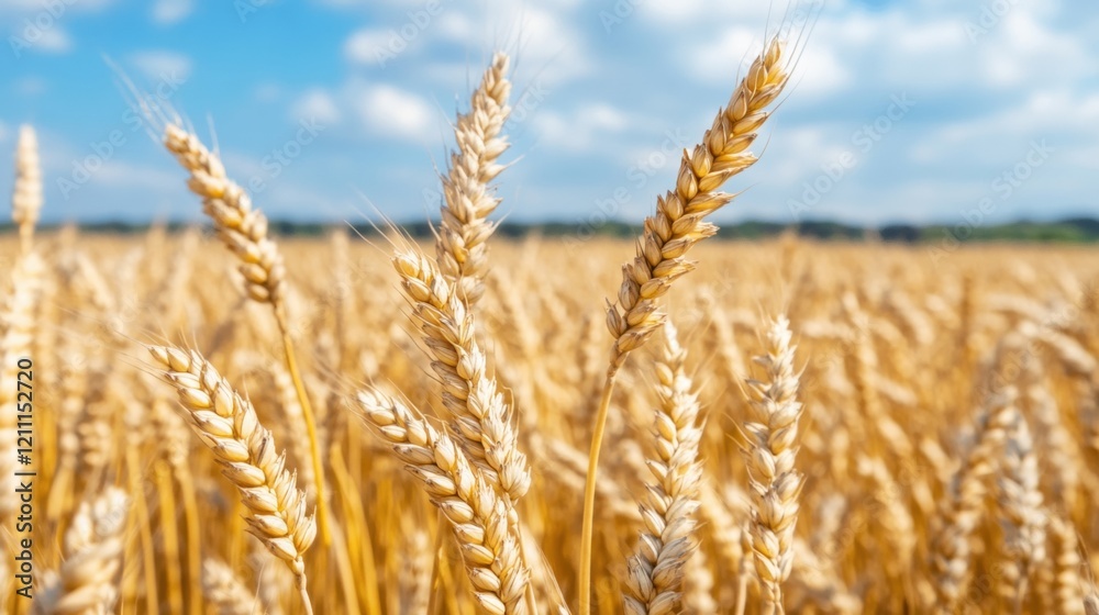 Fototapeta premium A vast golden wheat field stretches out, illuminated by sunlight, contrasting with the moody clouds above in the late afternoon