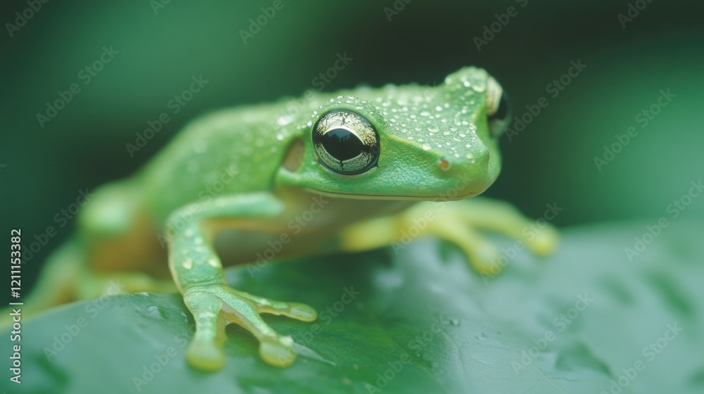 A green frog sits comfortably on a vibrant leaf adorned with fresh dewdrops, blending seamlessly into its lush surroundings A green frog sits comfortably on a vibrant leaf adorned with fresh dewdrops, blending seamlessly into its lush surroundings