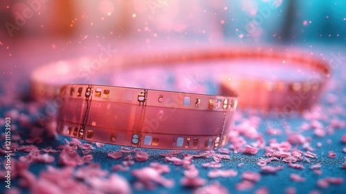 vintage film strip floating in ethereal space with bokeh lights and dreamy gradient background in pastel colors photo