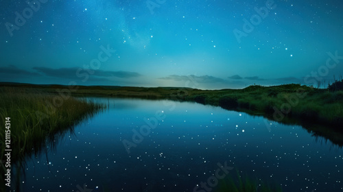 Wallpaper Mural serene night landscape featuring calm river reflecting starry sky, surrounded by lush greenery. tranquil atmosphere evokes sense of peace and wonder Torontodigital.ca
