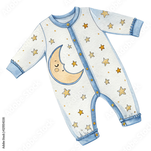A cozy baby onesie featuring a smiling moon and stars, designed for comfort and sleep.