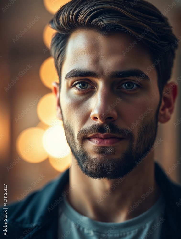 A sharp focus portrait of a young man with a beard, warm skin tones, set against a soft blurred bokeh background. . Generative AI A sharp focus portrait of a young man with a beard, warm skin tones, set against a soft blurred bokeh background. . Generative AI