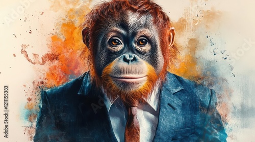 whimsical watercolor painting of a cheeky orangutan wearing a business suit rolling eyes expressively against a minimalist pastel background photo