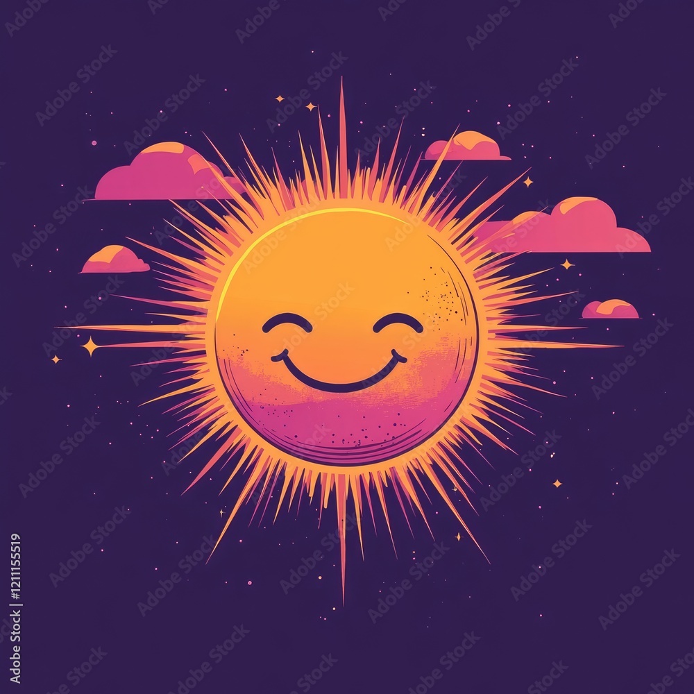 Happy Smiling Sun In A Night Sky With Clouds Happy Smiling Sun In A Night Sky With Clouds