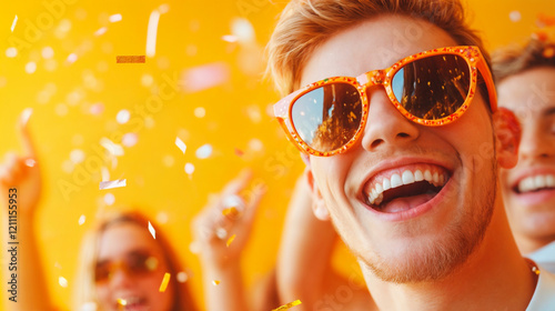 Rapaz curtindo muito o Carnaval com amigos em fundo amarelo com chuva de confete em uma imagem de muita alegria e amizade com espaço para texto photo