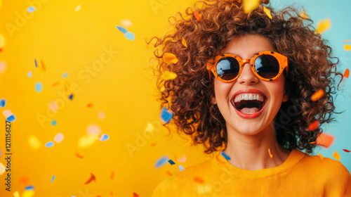 Banner amarelo de Carnaval com mulher curtindo e se divertindo, com espaço para texto photo