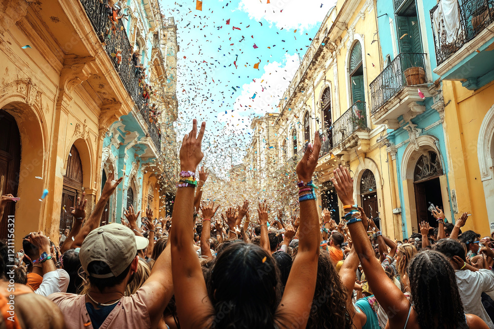 Fototapeta premium Mãos para cima, curtindo muito Carnaval de rua com muito confete e festa